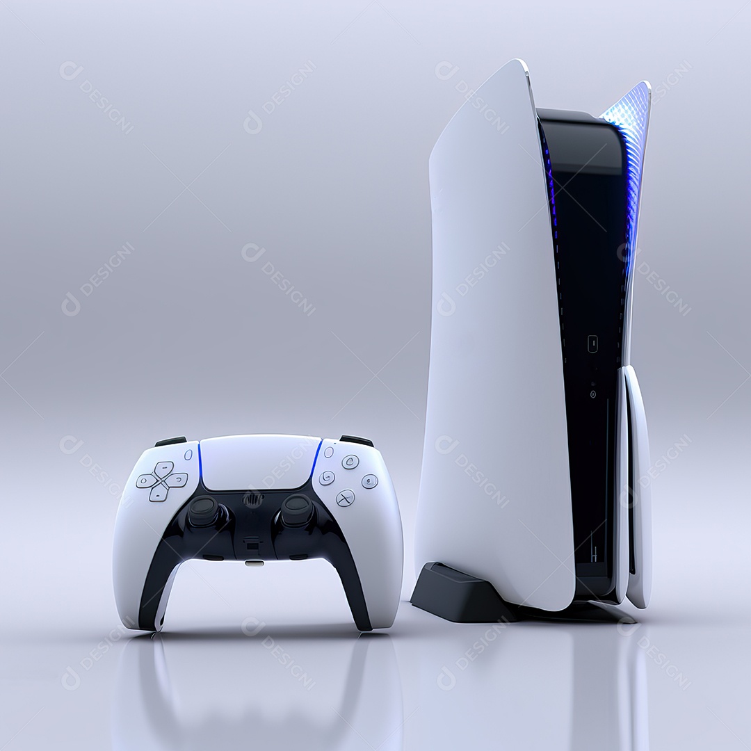 Conceito de jogo futurista de novo console de videogame doméstico e controlador sem fio isolado em fundo multicolorido.