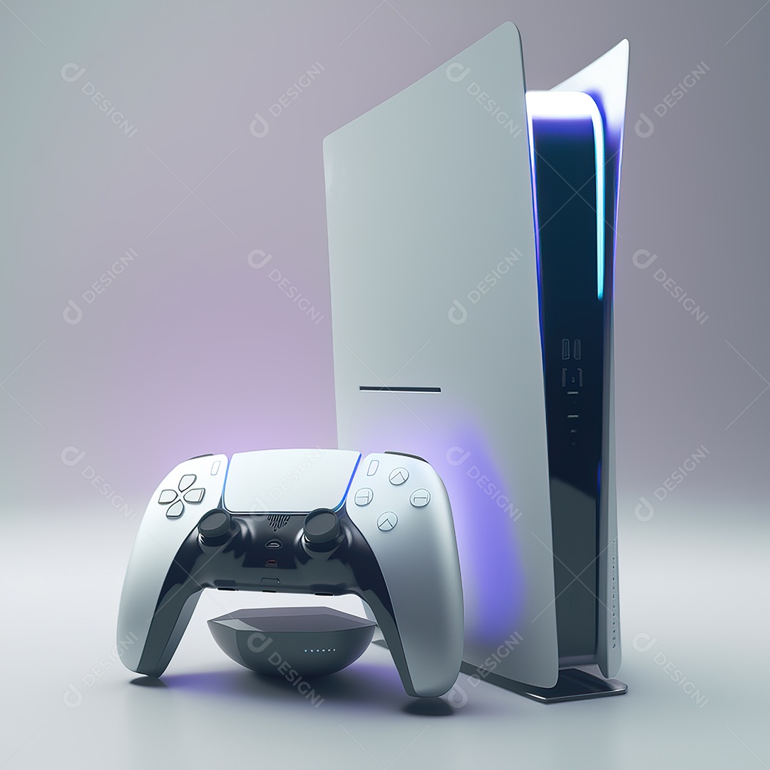 Conceito de jogo futurista de novo console de videogame doméstico e controlador sem fio isolado em fundo multicolorido.