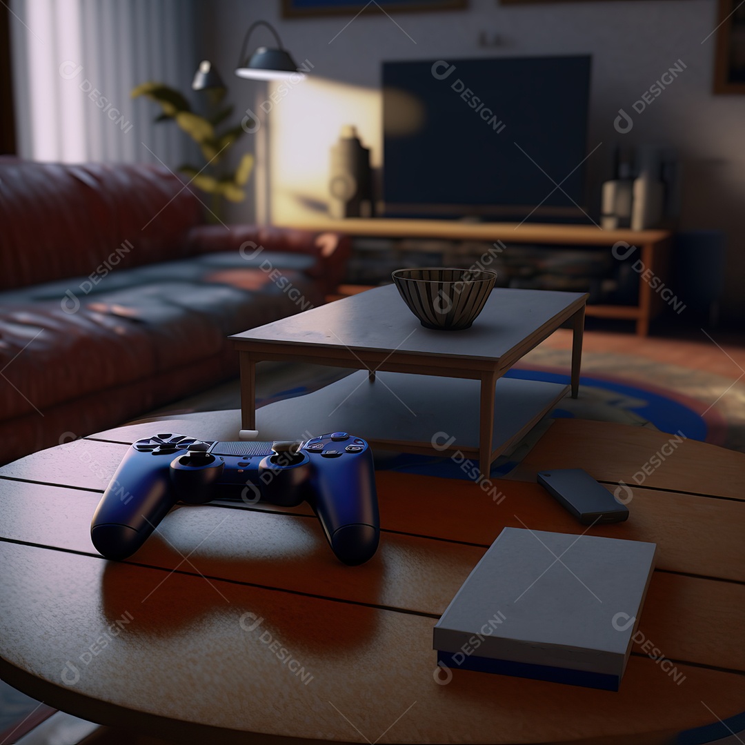 Conceito de jogo futurista de novo console de videogame doméstico e controlador sem fio isolado em fundo multicolorido.