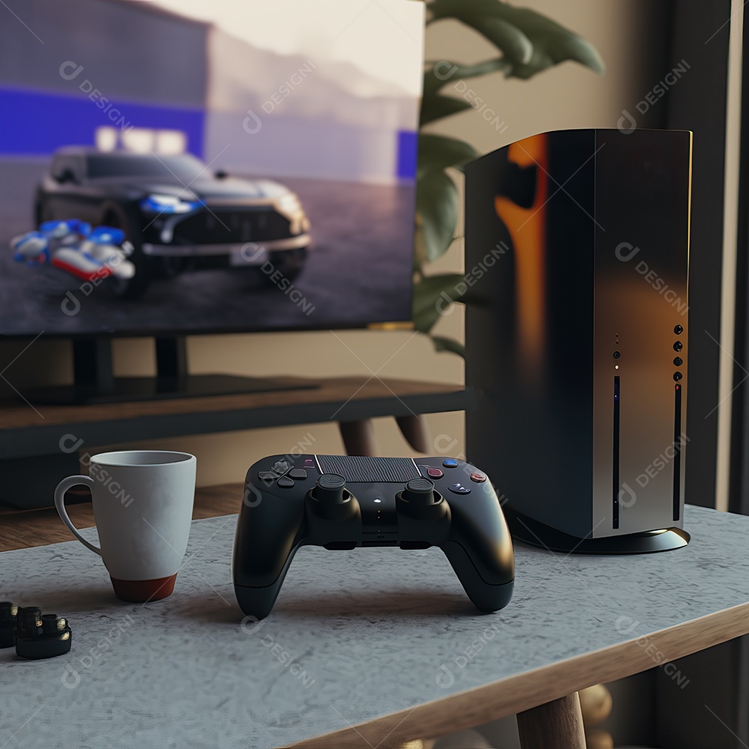 Conceito de jogo futurista de novo console de videogame doméstico e controlador sem fio isolado em fundo multicolorido.