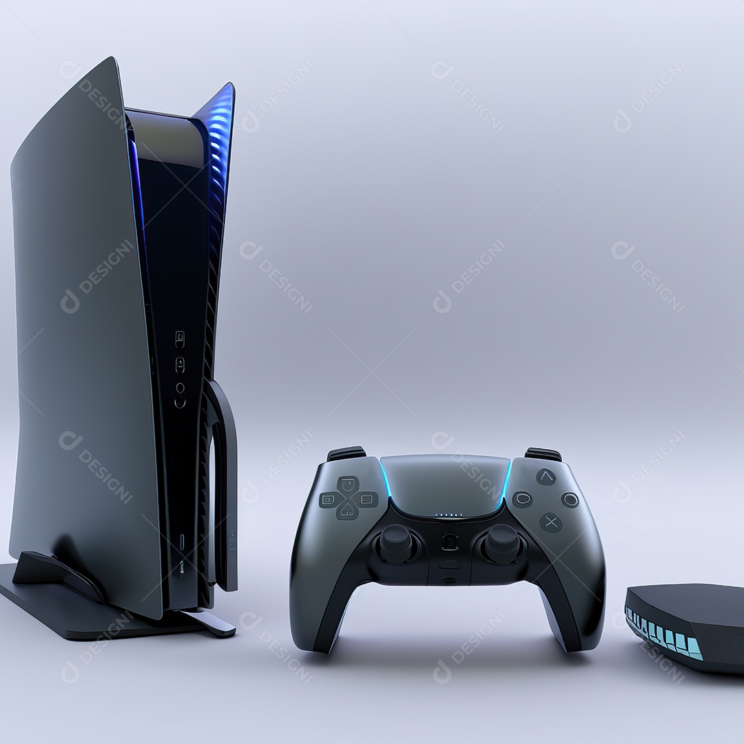 Conceito de jogo futurista de novo console de videogame doméstico e controlador sem fio isolado em fundo multicolorido.