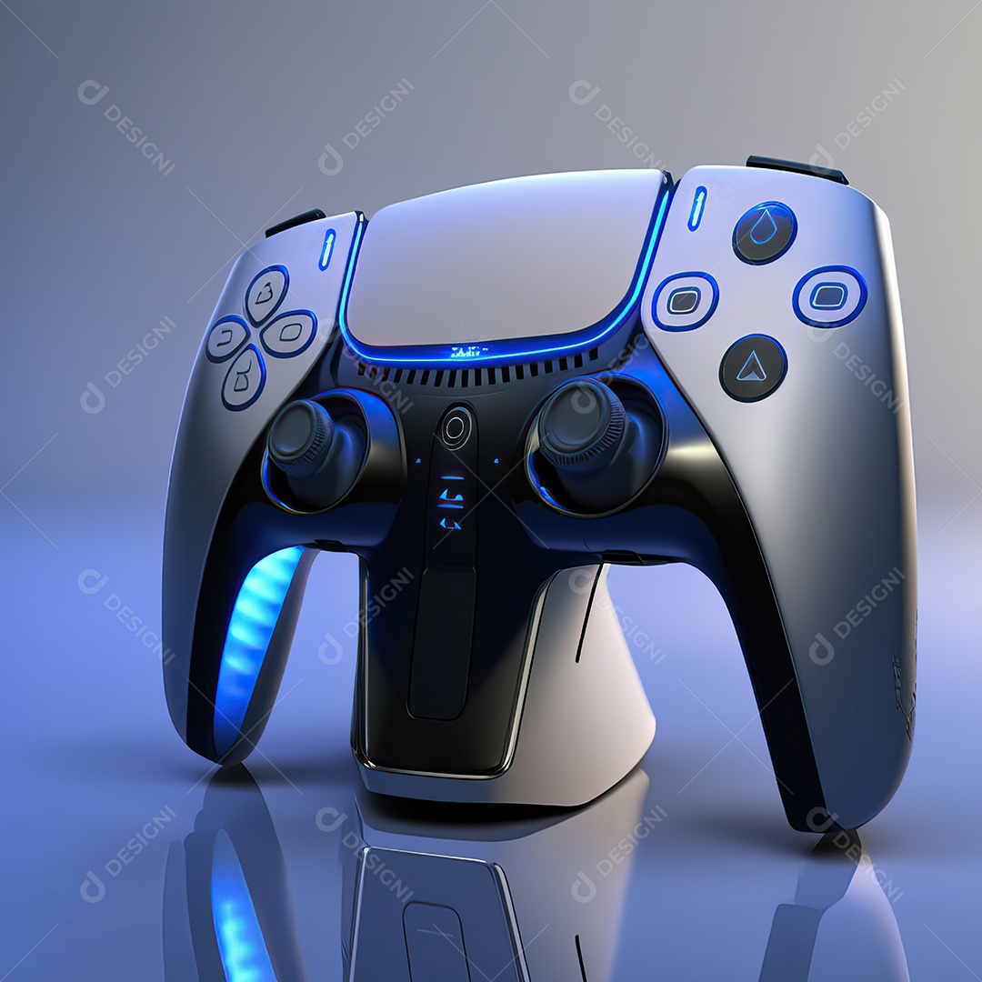 Conceito de jogo futurista de novo console de videogame doméstico e controlador sem fio isolado em fundo multicolorido.