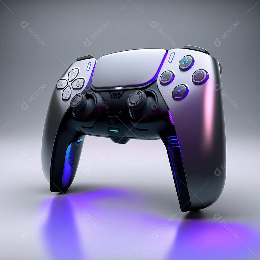 Conceito de jogo futurista de novo console de videogame doméstico e controlador sem fio isolado em fundo multicolorido.