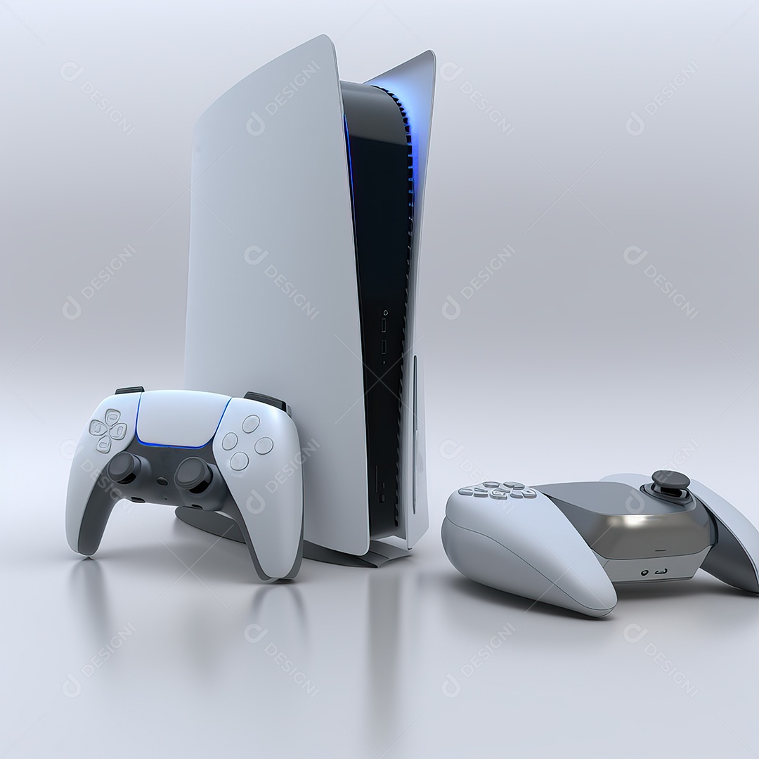 Conceito de jogo futurista de novo console de videogame doméstico e controlador sem fio isolado em fundo multicolorido.