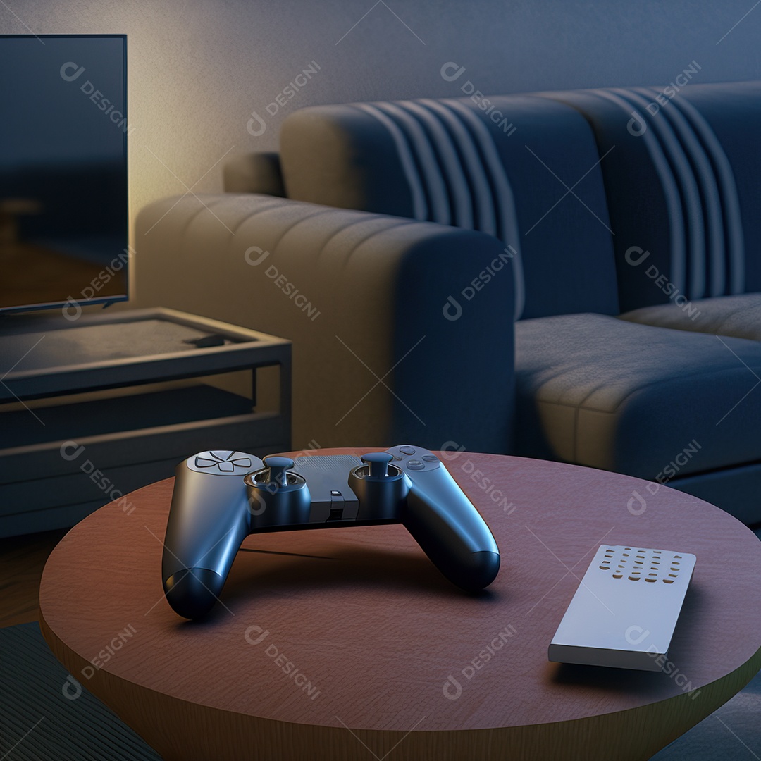 Conceito de jogo futurista de novo console de videogame doméstico e controlador sem fio isolado em fundo multicolorido.