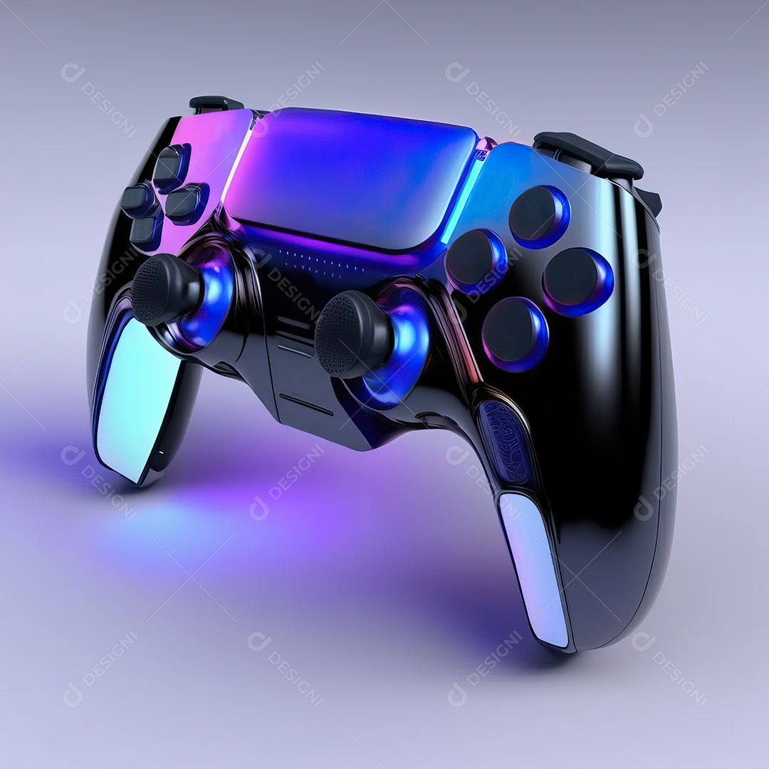 Conceito de jogo futurista de novo console de videogame doméstico e controlador sem fio isolado em fundo multicolorido.