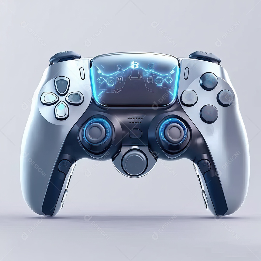 Conceito de jogo futurista de novo console de videogame doméstico e controlador sem fio isolado em fundo multicolorido.