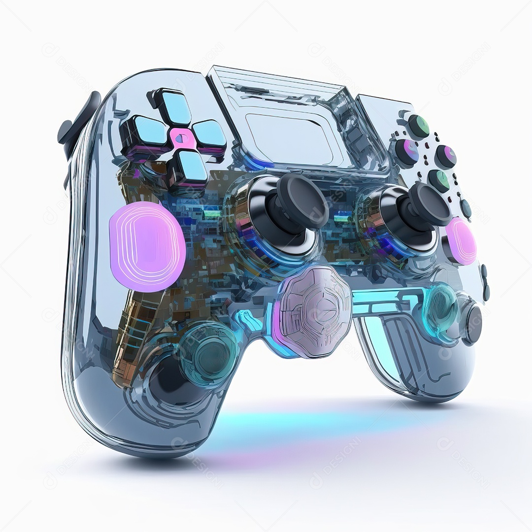 Conceito de jogo futurista de novo console de videogame doméstico e controlador sem fio isolado em fundo multicolorido.