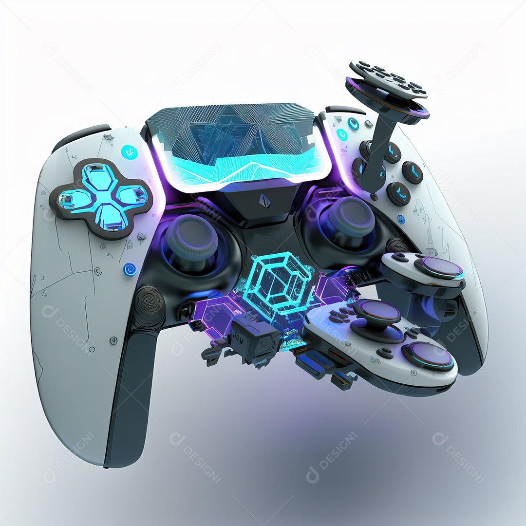 Conceito de jogo futurista de novo console de videogame doméstico e controlador sem fio isolado em fundo multicolorido.