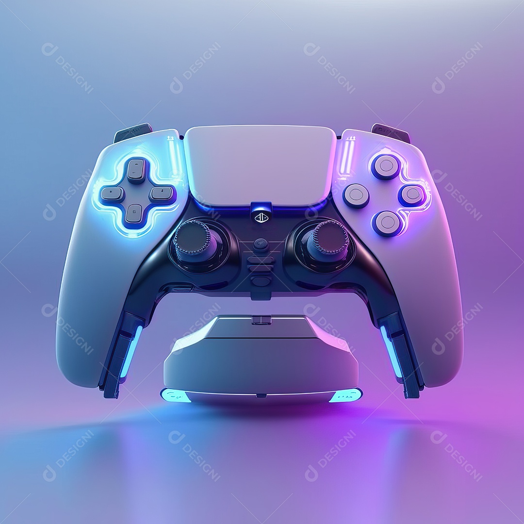 Conceito de jogo futurista de novo console de videogame doméstico e controlador sem fio isolado em fundo multicolorido.