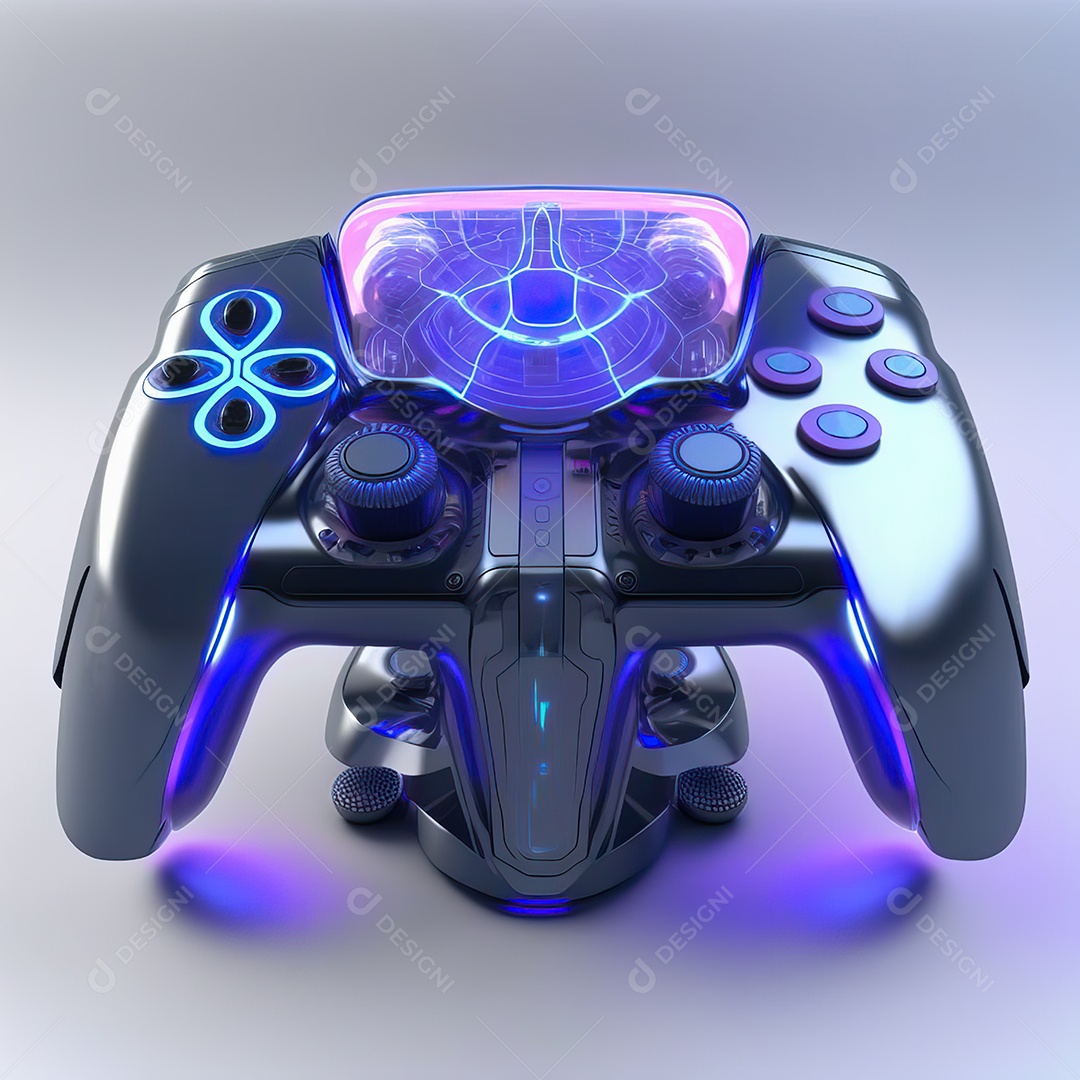 Conceito de jogo futurista de novo console de videogame doméstico e controlador sem fio isolado em fundo multicolorido.