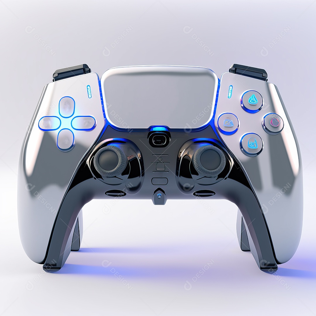 Conceito de jogo futurista de novo console de videogame doméstico e controlador sem fio isolado em fundo multicolorido.