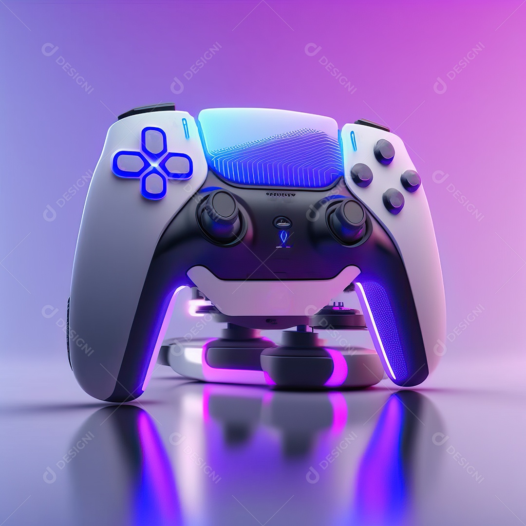 Conceito de jogo futurista de novo console de videogame doméstico e controlador sem fio isolado em fundo multicolorido.