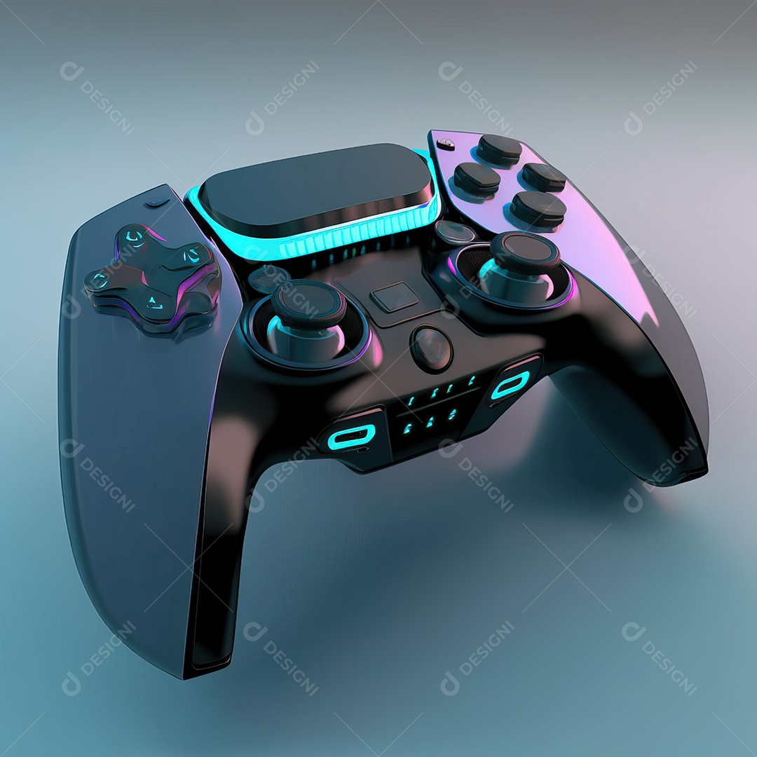 Conceito de jogo futurista de novo console de videogame doméstico e controlador sem fio isolado em fundo multicolorido.