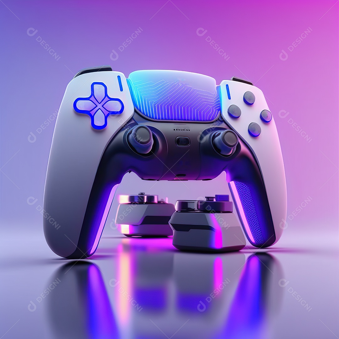 Conceito de jogo futurista de novo console de videogame doméstico e controlador sem fio isolado em fundo multicolorido.