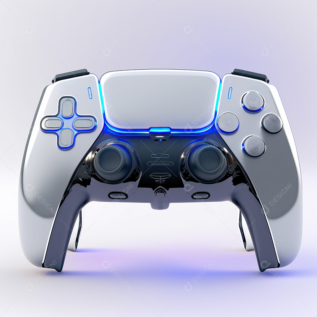 Conceito de jogo futurista de novo console de videogame doméstico e controlador sem fio isolado em fundo multicolorido.