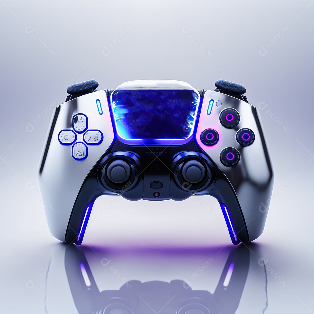 Conceito de jogo futurista de novo console de videogame doméstico e controlador sem fio isolado em fundo multicolorido.