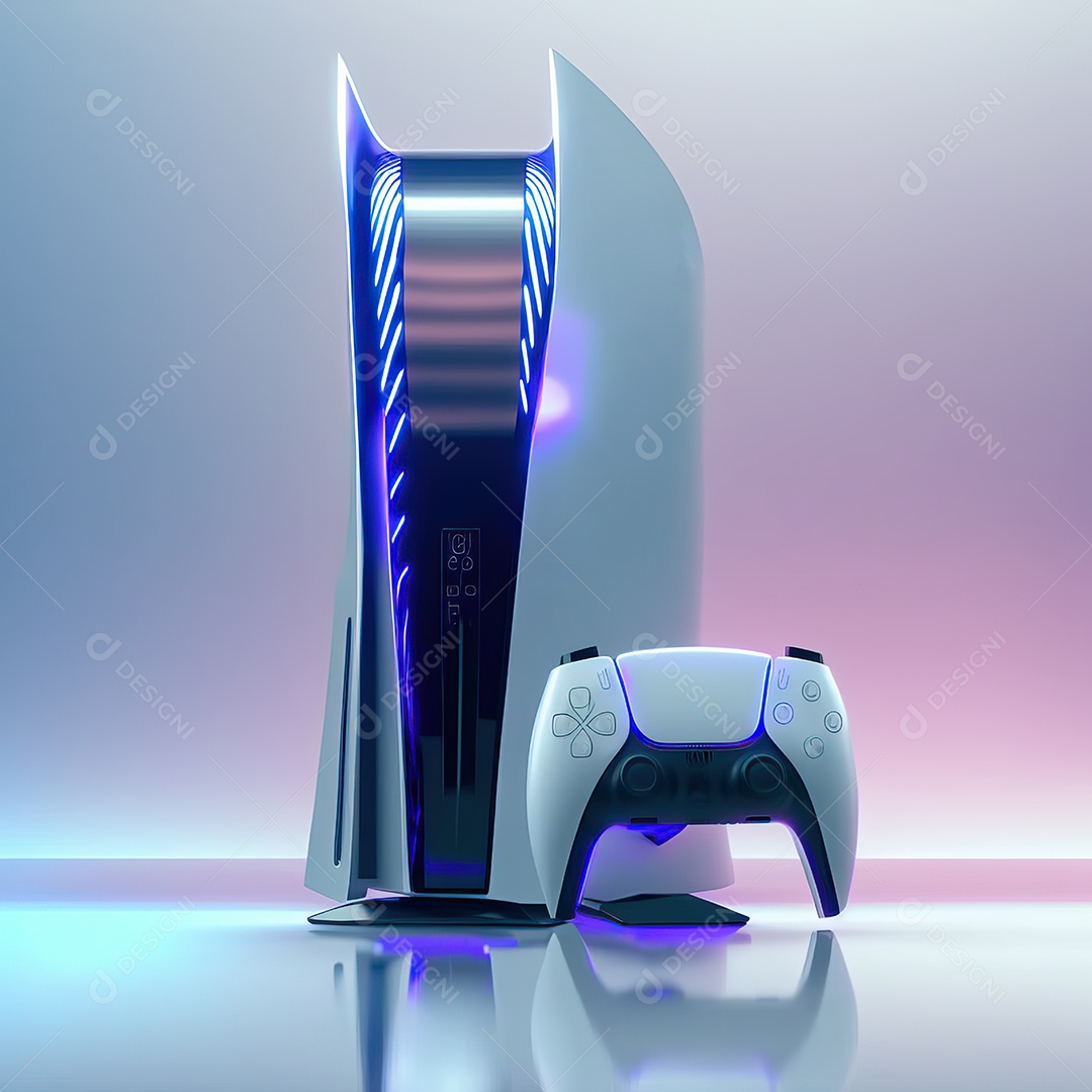 Conceito de jogo futurista de novo console de videogame doméstico e controlador sem fio isolado em fundo multicolorido.