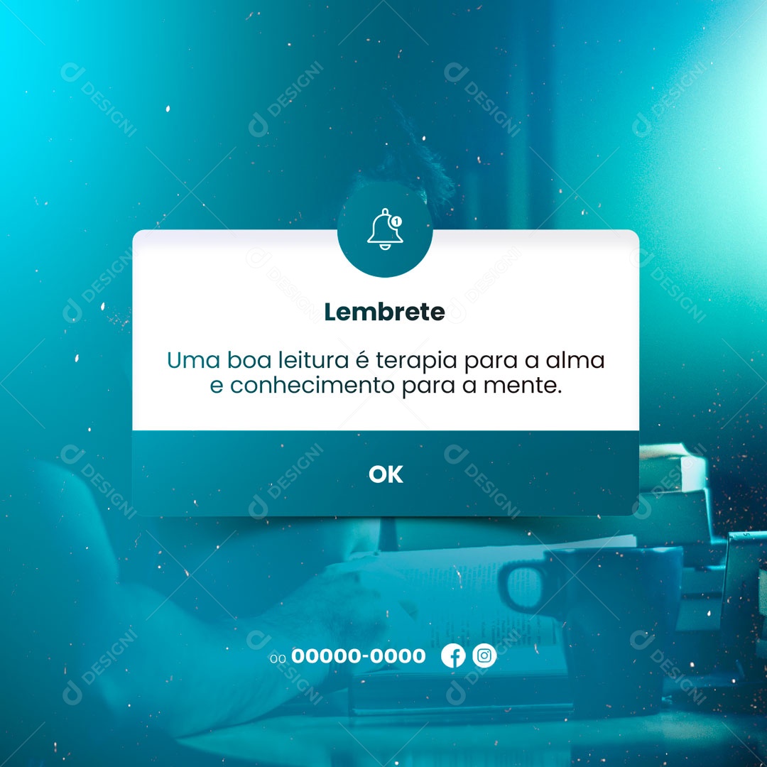 Lembrete Uma Boa Leitura é Terapia para a Alma e Conhecimento para a Mente Livraria Social Media PSD Editável