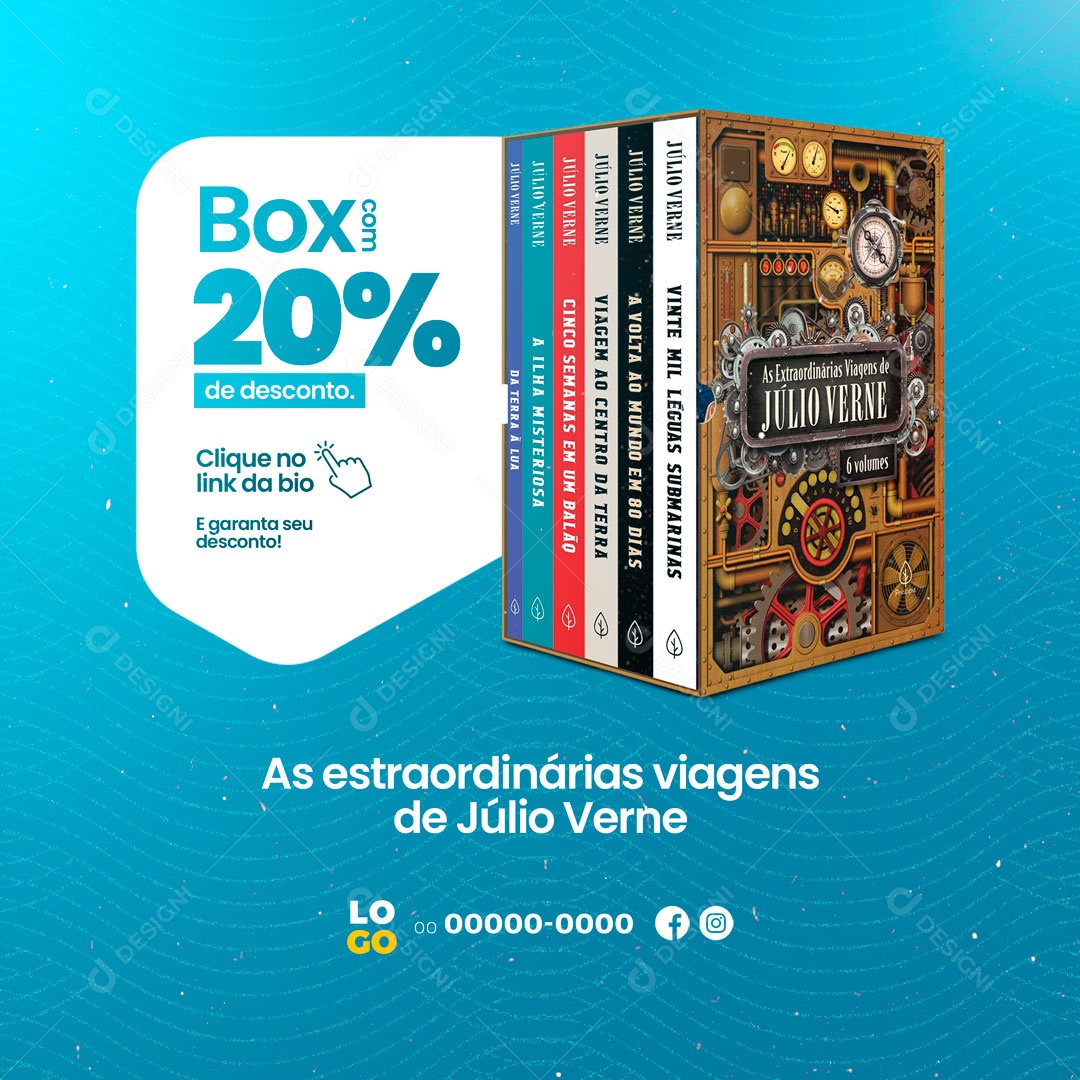 As Extraordinárias Viagens de Júlio Verne Livraria Social Media PSD Editável