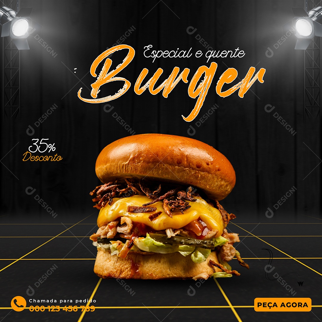 Especial e Quente Burger 35% Desconto Hamburgueria Social Media PSD Editável