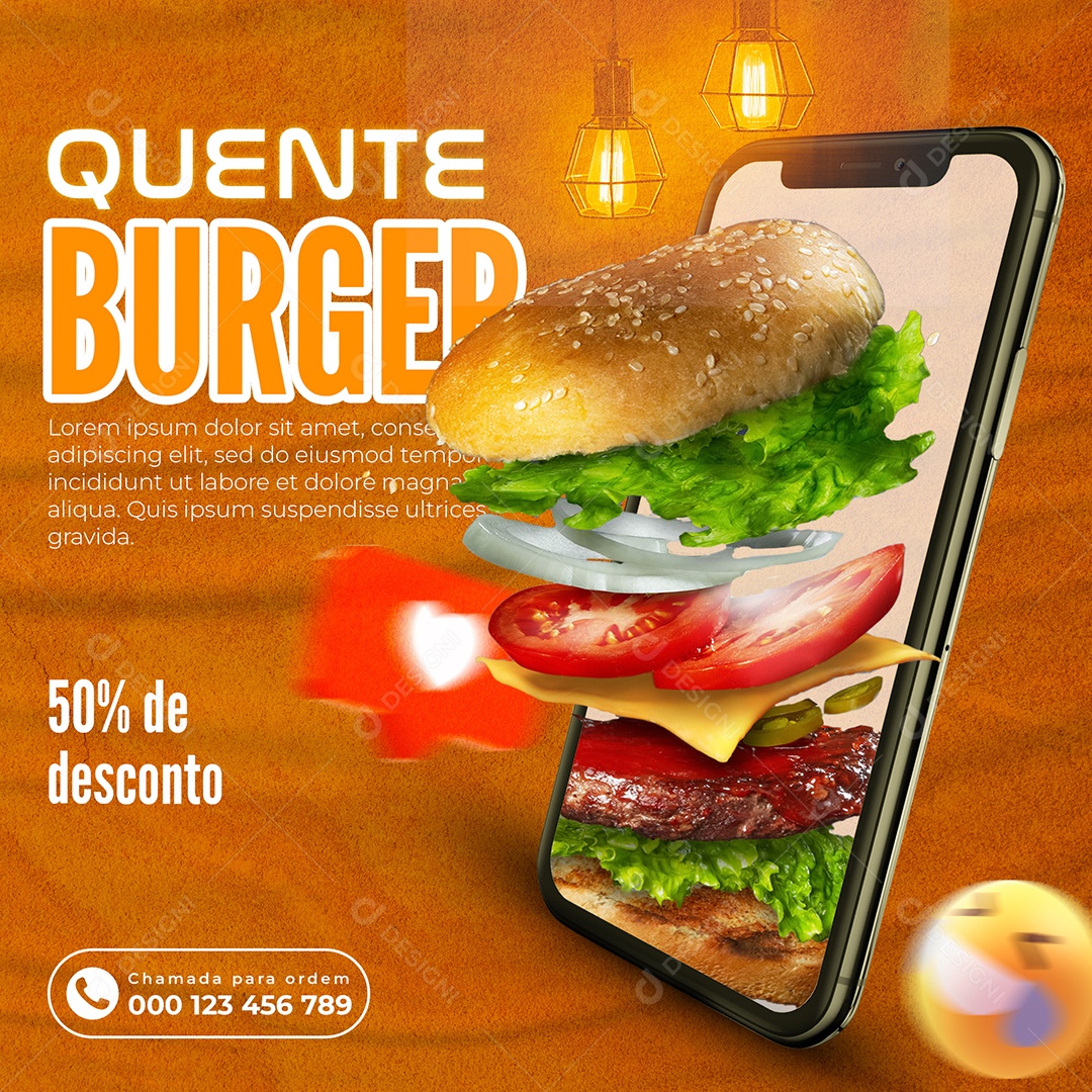 Burger quente 50% de Desconto Hambúrgueria Social Media PSD Editável