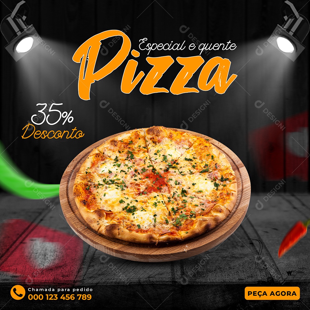 Especial e Quente Pizza 35% Desconto Pizzaria Social Media PSD Editável