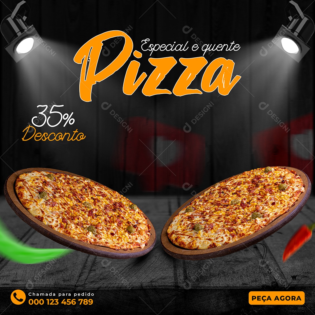 Especial e Quente Pizza 35% Desconto Pizzaria Social Media PSD Editável