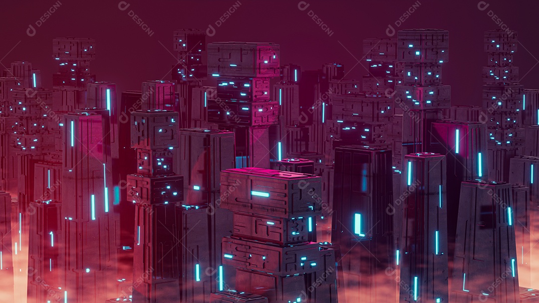 Iluminação de néon de cidade virtual de ficção científica futurista e neblina à noite.