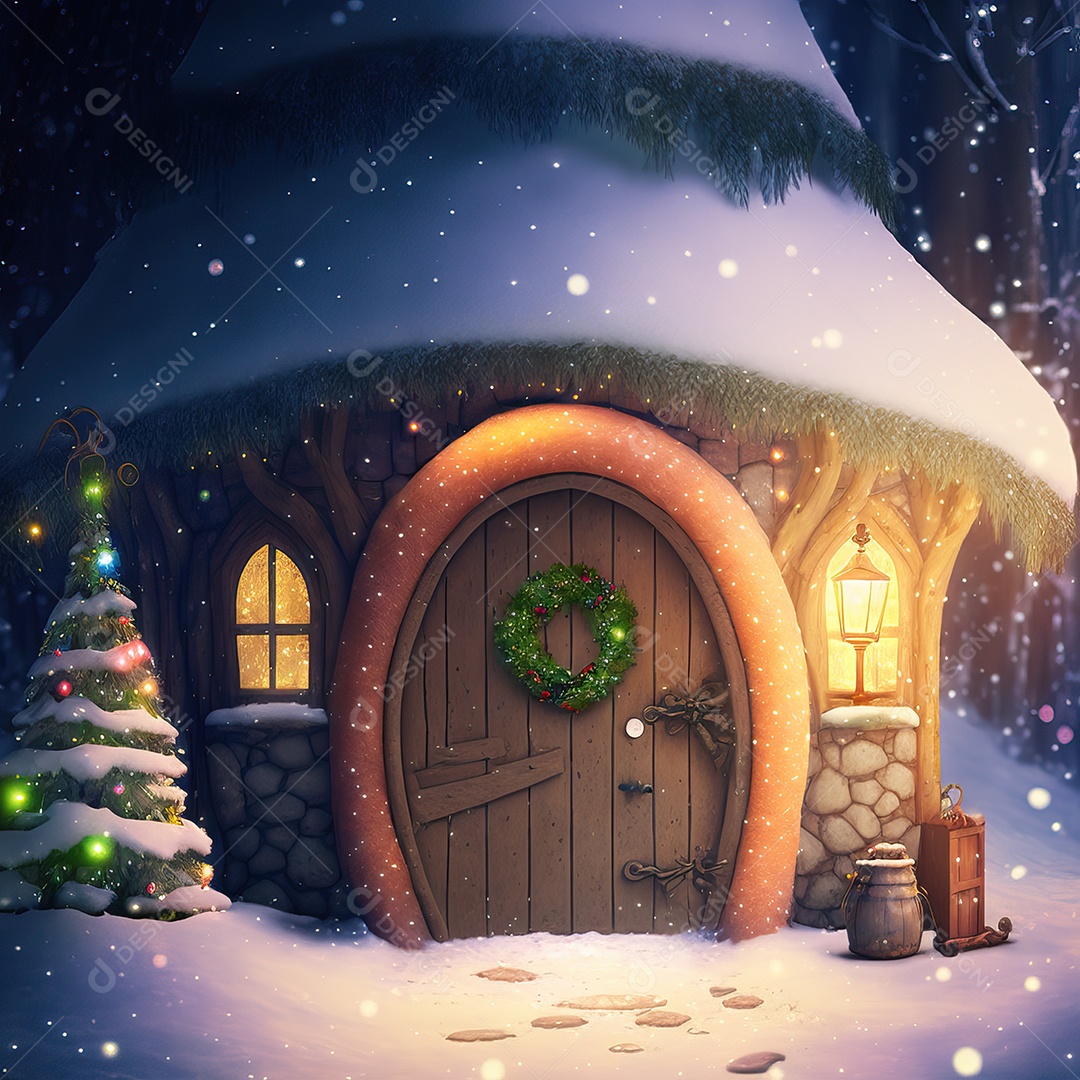 Uma floresta encantada com a casa do Papai Noel lindamente decorada para o Natal.