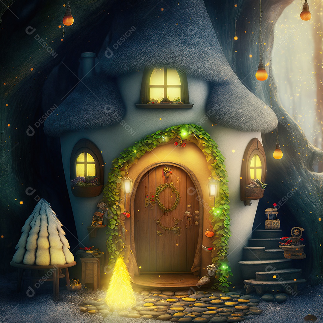 Uma floresta encantada com a casa do Papai Noel lindamente decorada para o Natal.