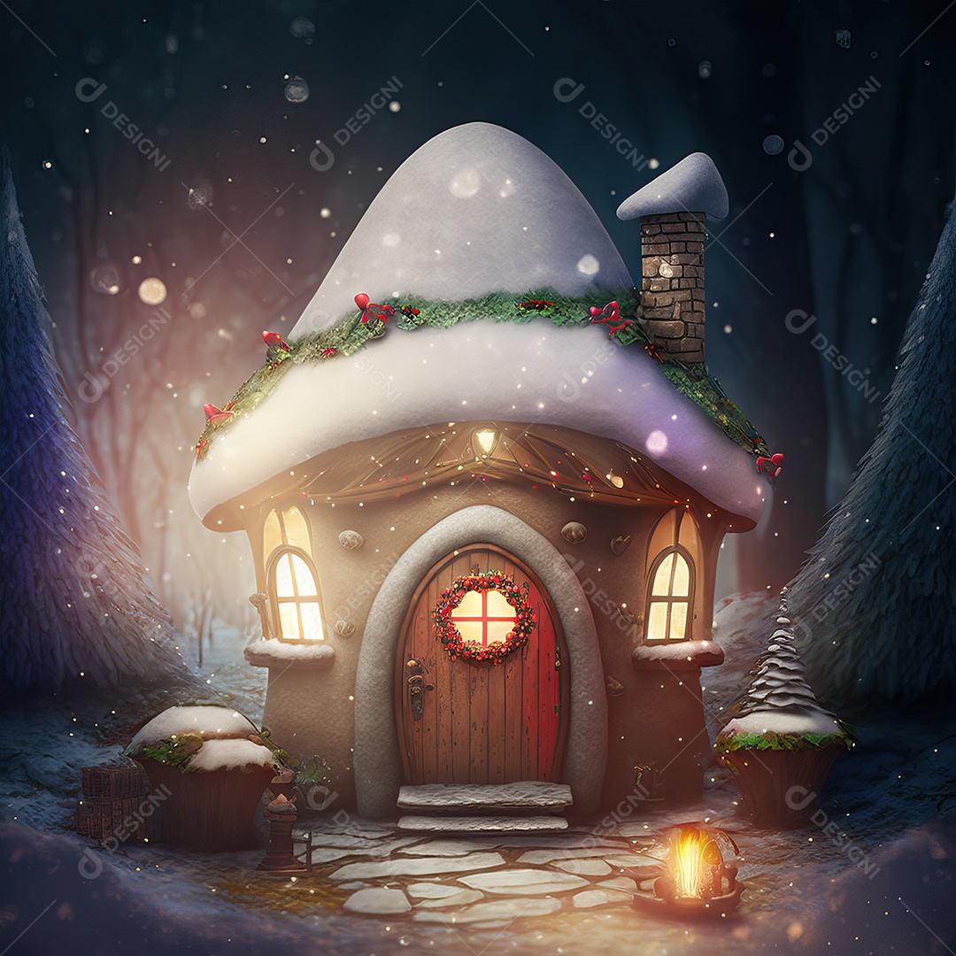 Uma floresta encantada com a casa do Papai Noel lindamente decorada para o Natal.