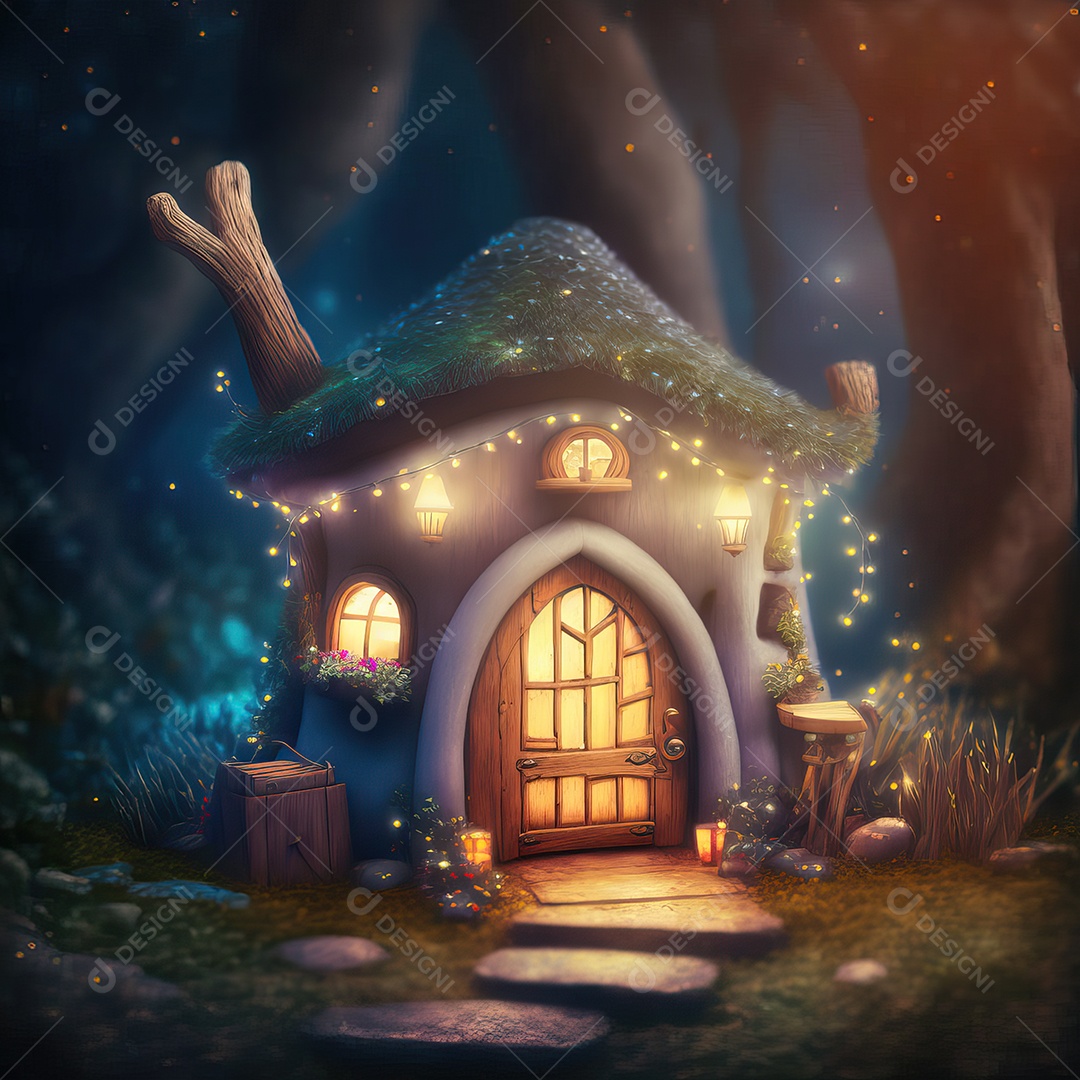 Uma floresta encantada com a casa do Papai Noel lindamente decorada para o Natal.