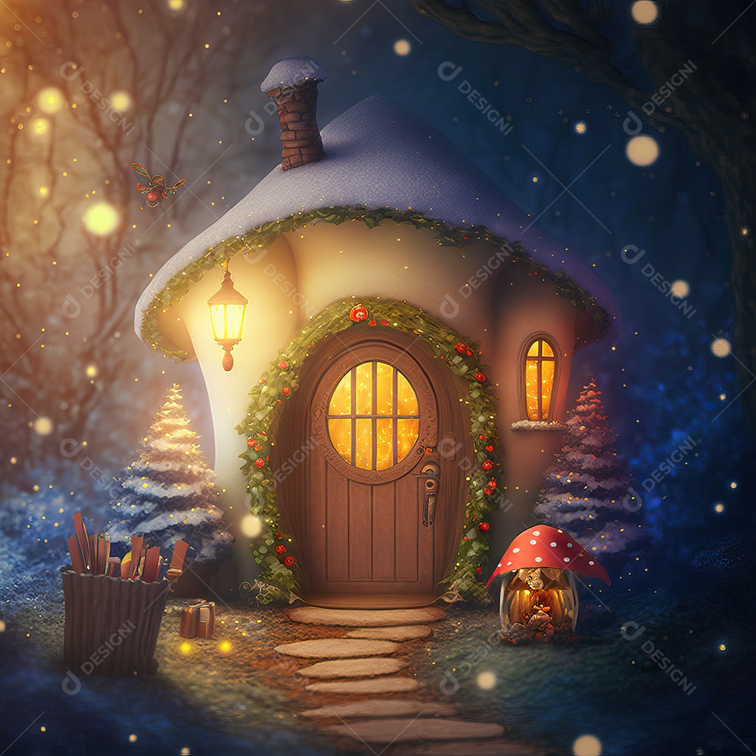 Uma floresta encantada com a casa do Papai Noel lindamente decorada para o Natal.