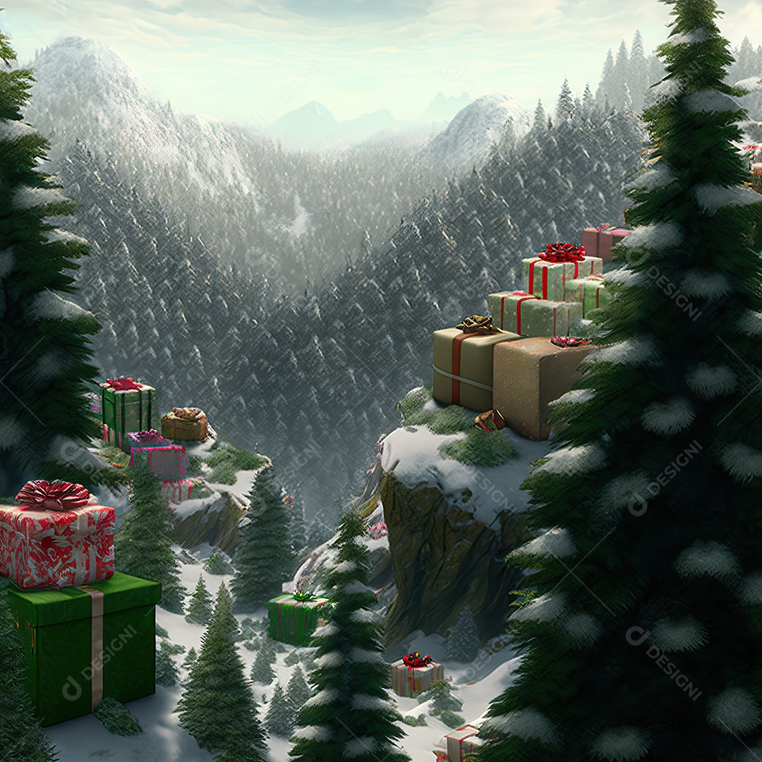 Uma montanha com floresta encantada e vários presentes de Papai Noel espalhados para uma bela decoração de Natal