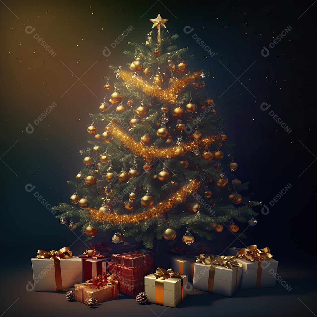 Árvore de natal com enfeites e detalhes dourados decorados com presentes isolados em fundo colorido com luzes