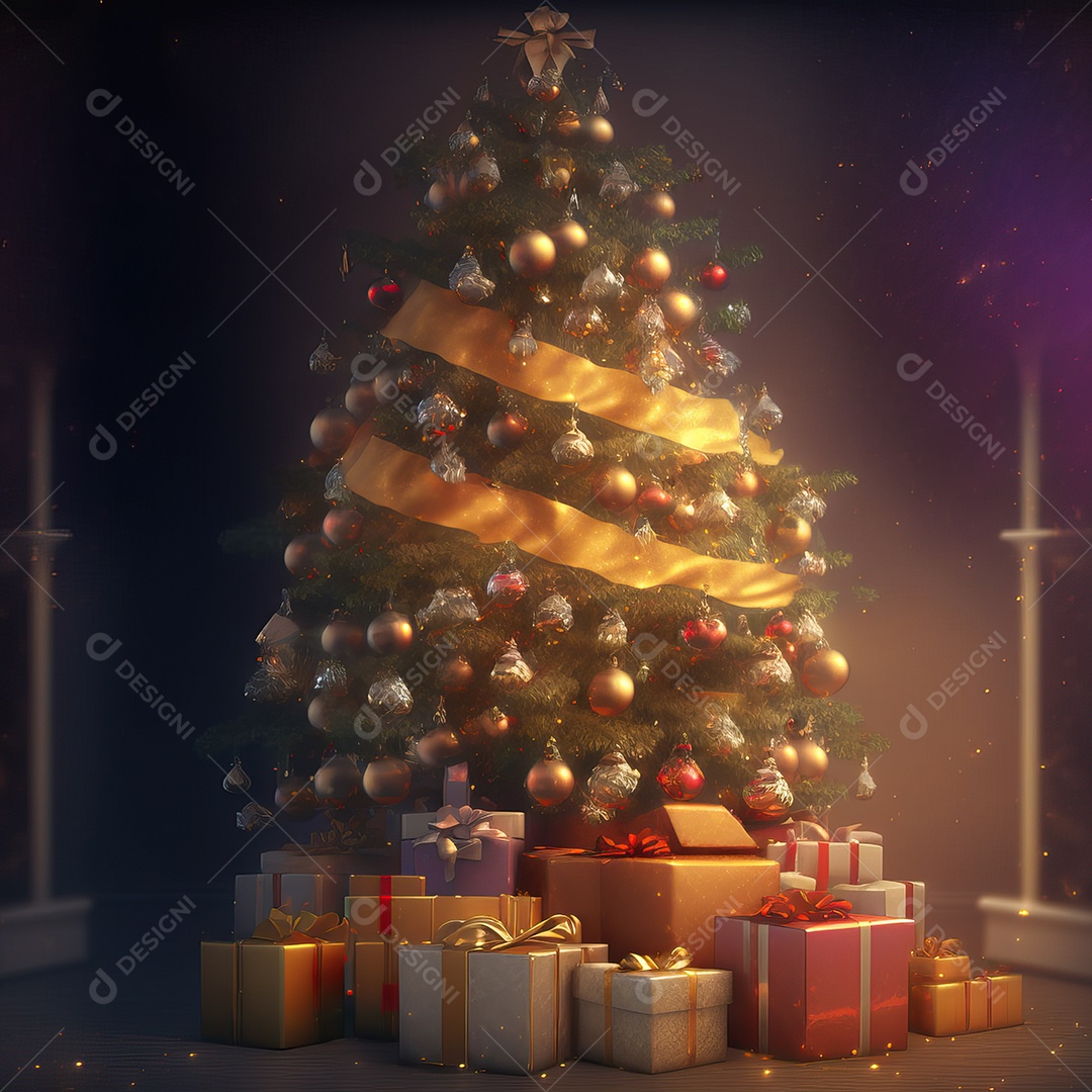 Árvore de natal com enfeites e detalhes dourados decorados com presentes isolados em fundo colorido com luzes