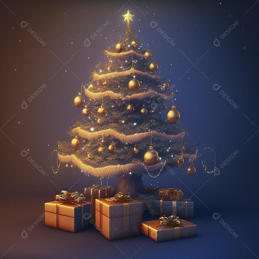 Árvore de natal com enfeites e detalhes dourados decorados com presentes isolados em fundo colorido com luzes