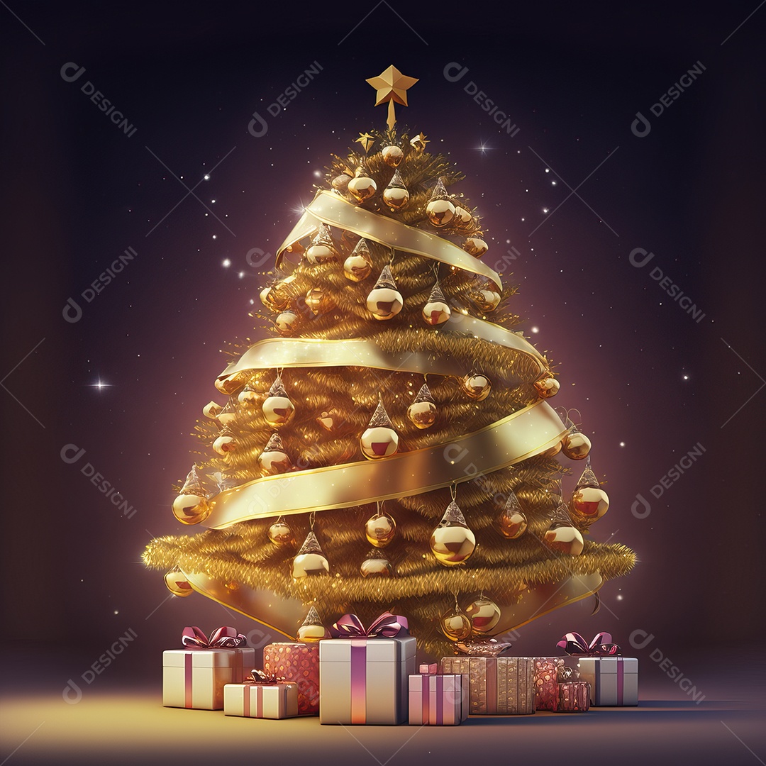 Christmas tree with ornaments and golden details decorated with gifts isolated on colorful background with lights