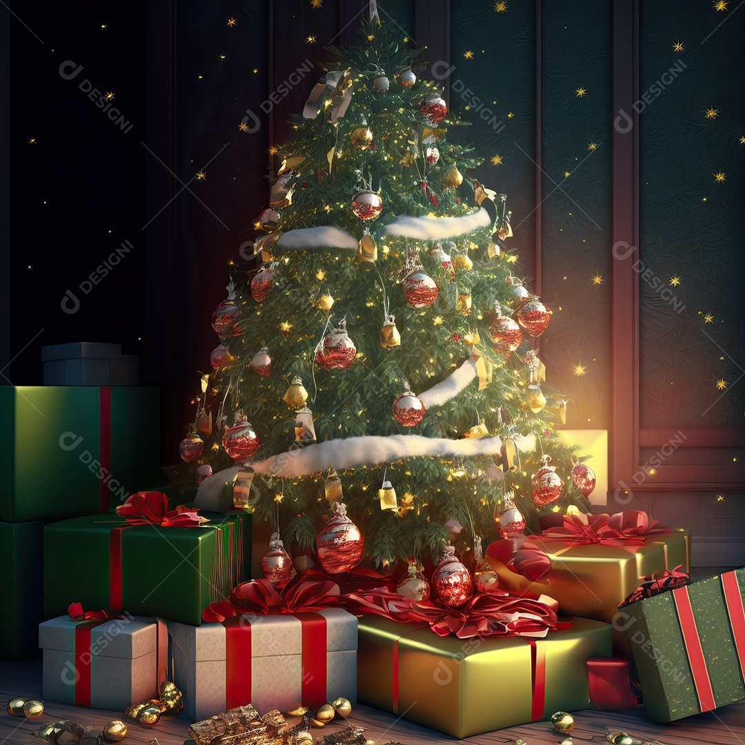 Árvore de natal com enfeites e detalhes dourados decorados com presentes isolados em fundo colorido com luzes