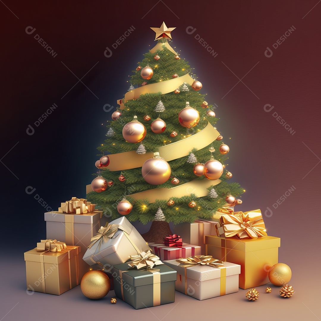 Árvore de natal com enfeites e detalhes dourados decorados com presentes isolados em fundo colorido com luzes