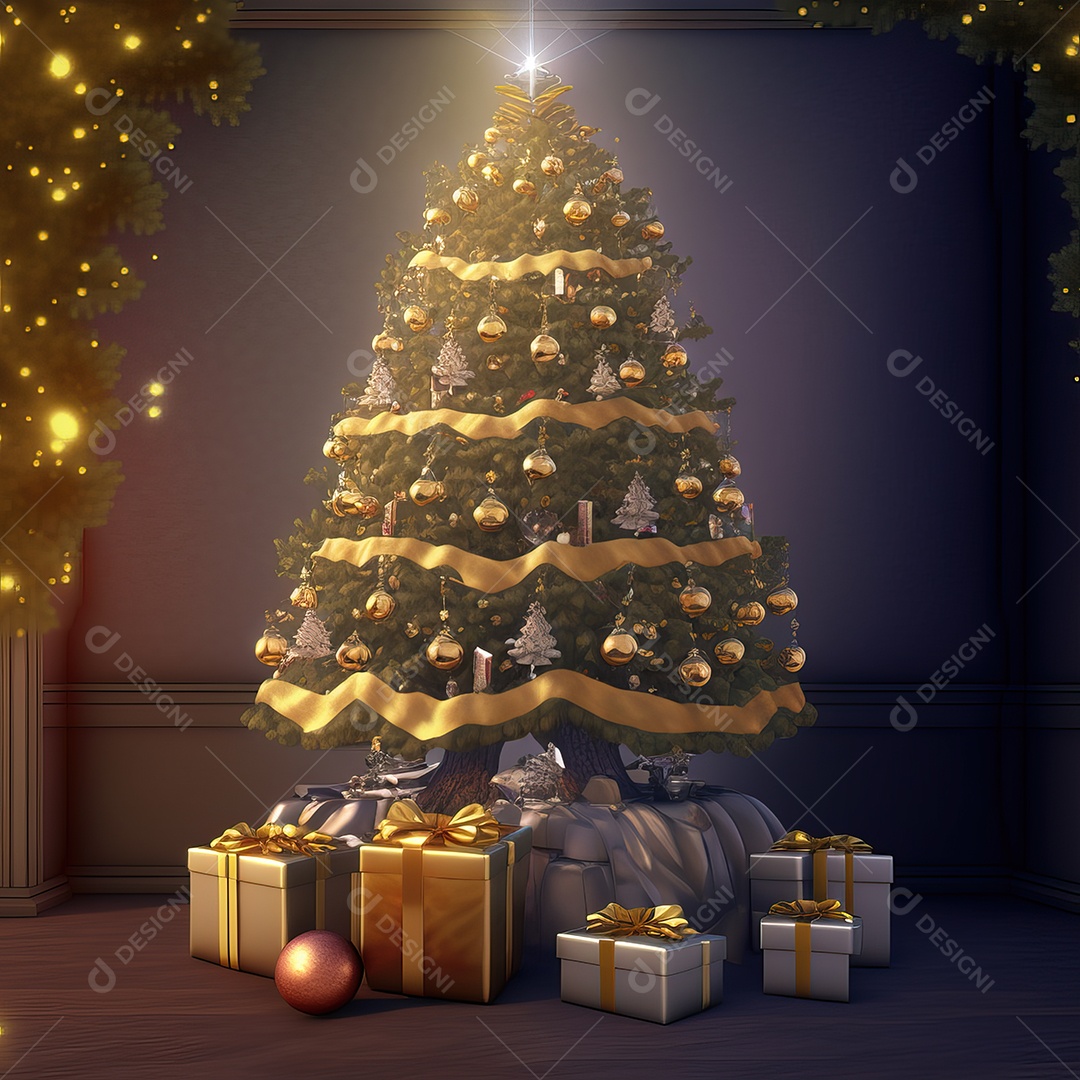 Árvore de natal com enfeites e detalhes dourados decorados com presentes isolados em fundo colorido com luzes