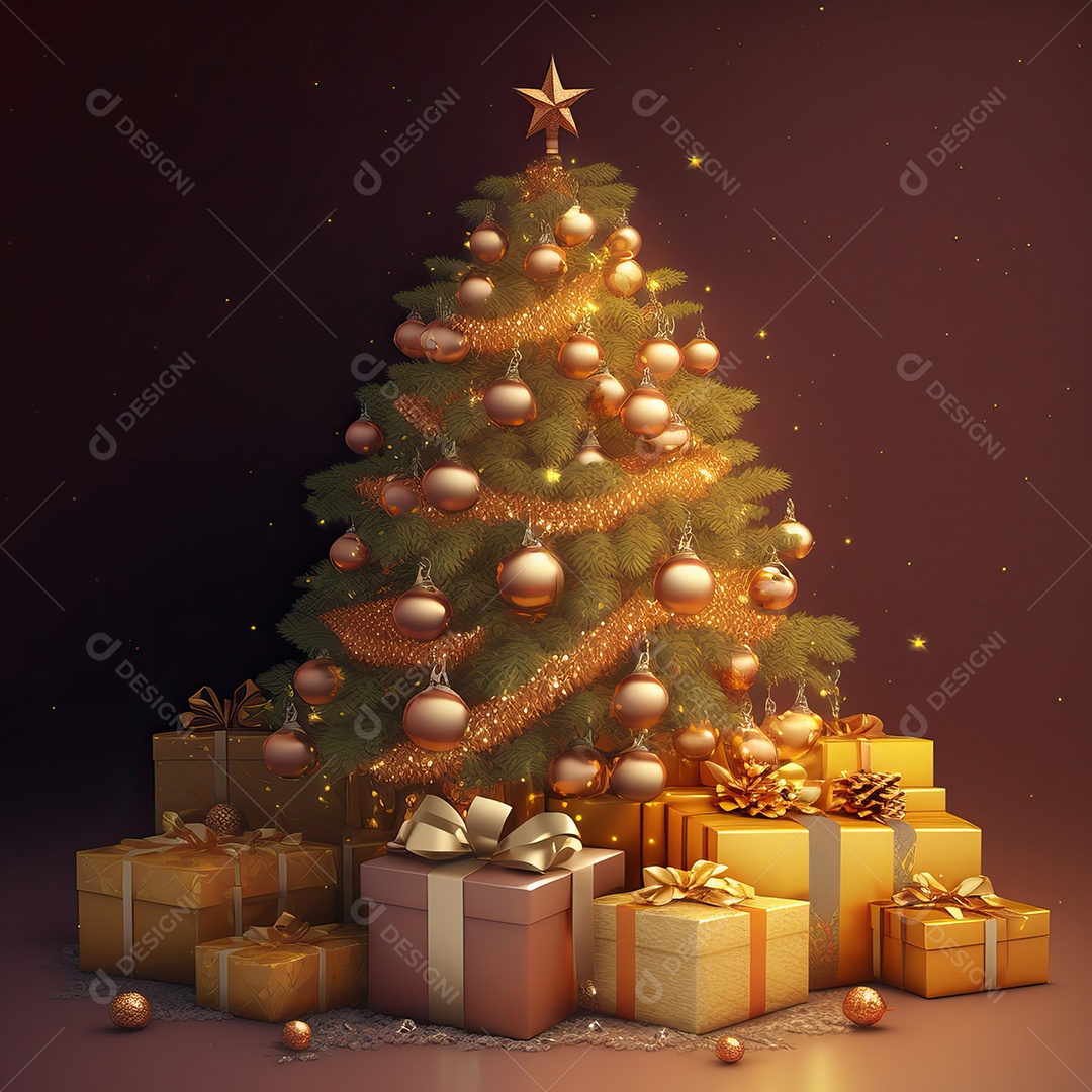 Árvore de natal com enfeites e detalhes dourados decorados com presentes isolados em fundo colorido com luzes