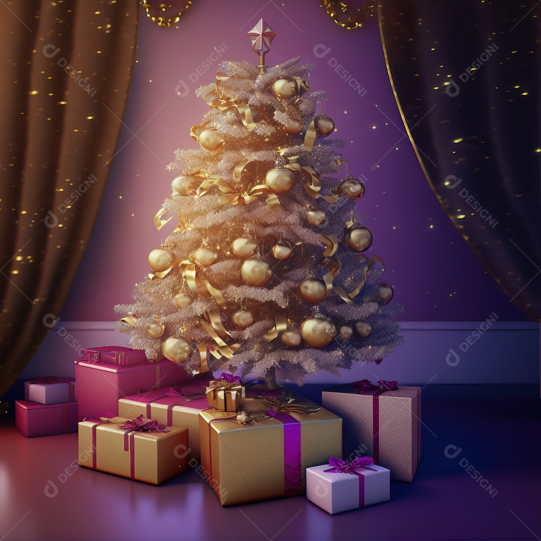 Árvore de natal com enfeites e detalhes dourados decorados com presentes isolados em fundo colorido com luzes