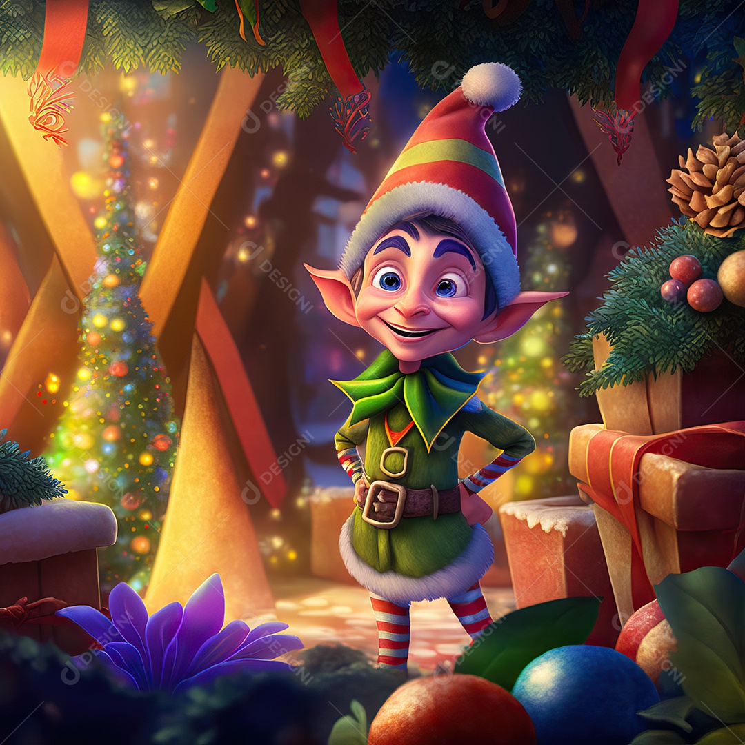 Um elfo adorável com presentes de Natal e fundo de feliz natal com pinheiros