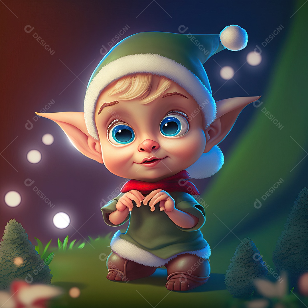 Um elfo adorável com presentes de Natal e fundo de feliz natal com pinheiros