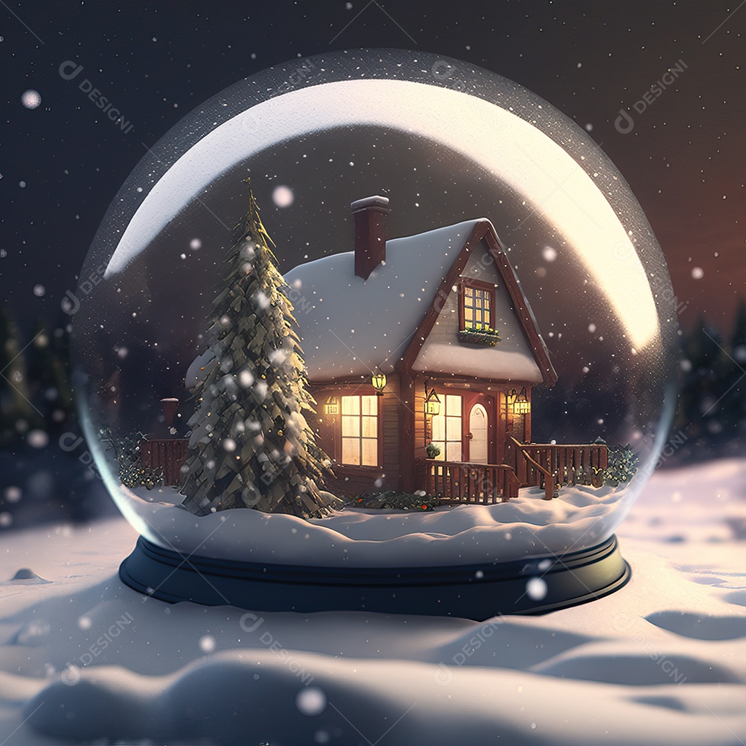 Globo de vidro com a casa do Papai Noel na neve e decoração de Natal e fundo colorido. Bola de vidro de Natal.