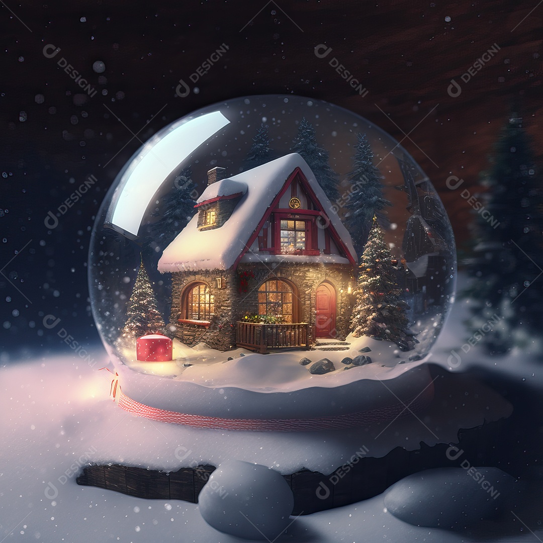 Globo de vidro com a casa do Papai Noel na neve e decoração de Natal e fundo colorido. Bola de vidro de Natal.
