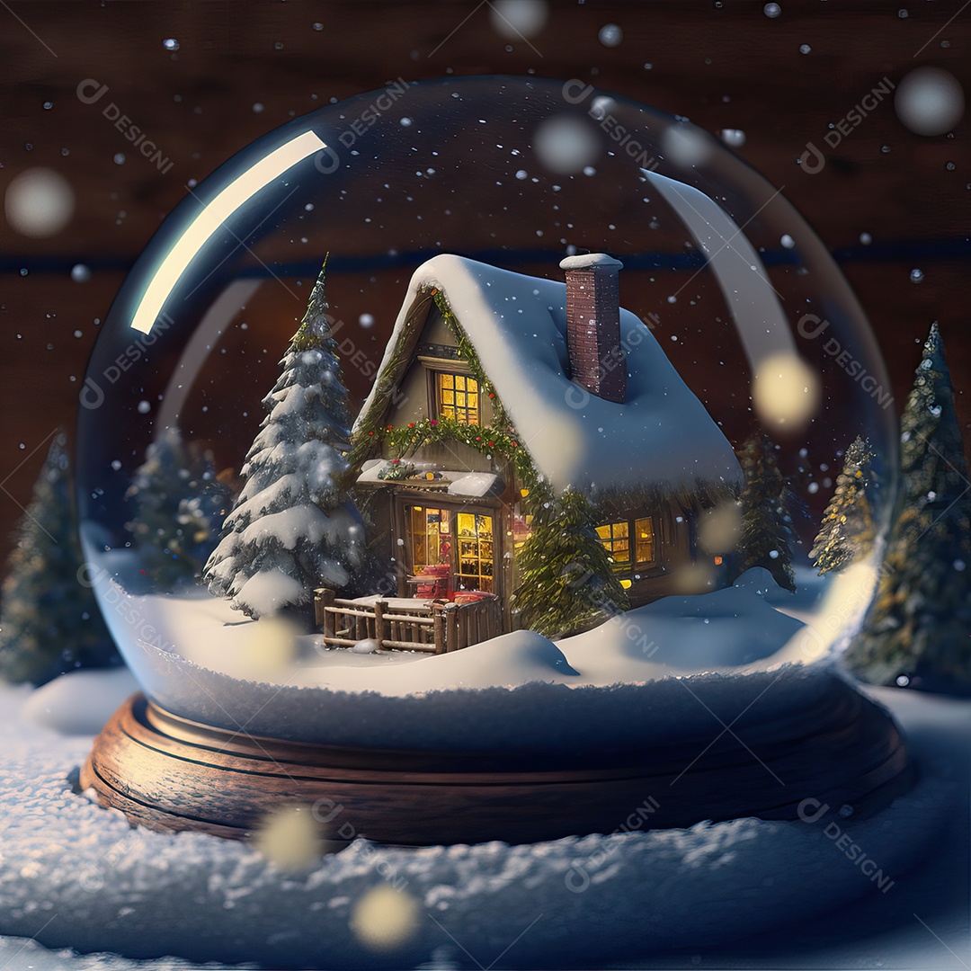 Globo de vidro com a casa do Papai Noel na neve e decoração de Natal e fundo colorido. Bola de vidro de Natal.