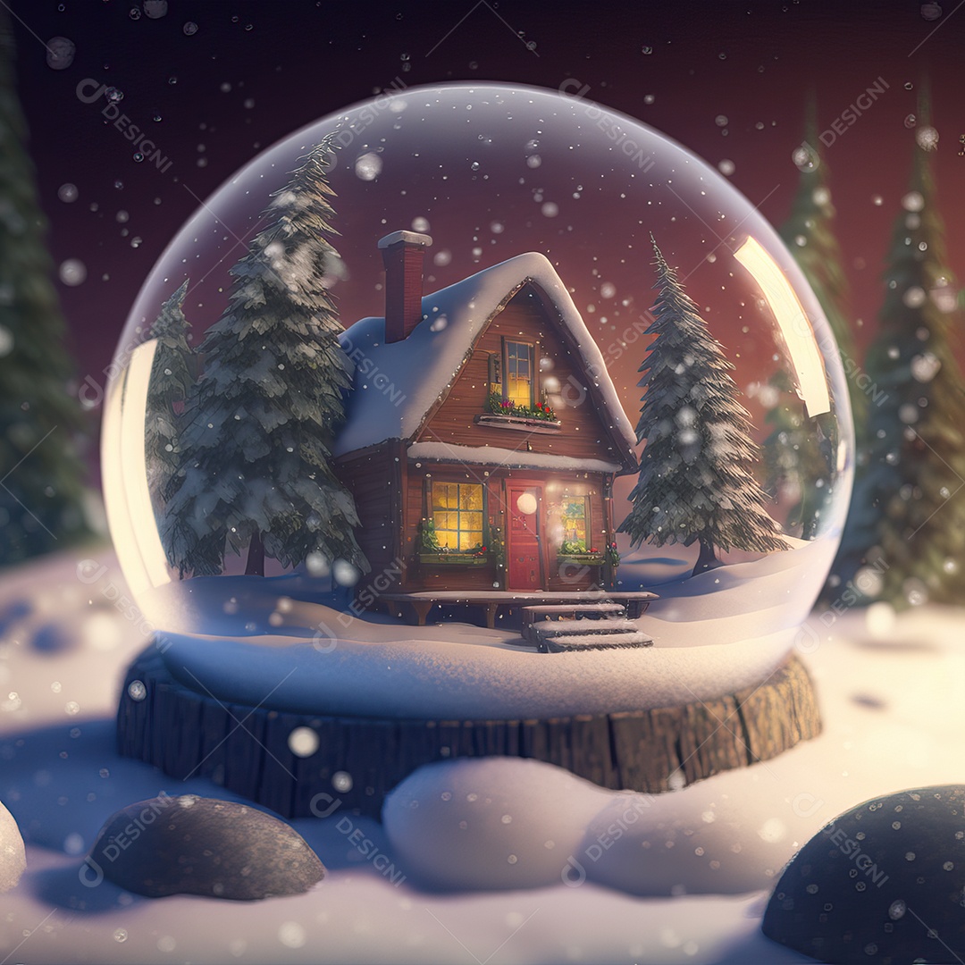 Globo de vidro com a casa do Papai Noel na neve e decoração de Natal e fundo colorido. Bola de vidro de Natal.